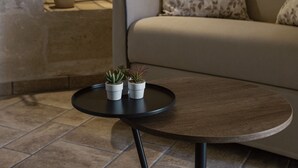 Una habitación acogedora con pared de piedra, un sofá beige, una pequeña mesa redonda con plantas en macetas y una lámpara fijada a la pared.