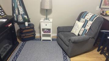 Smart TV, fireplace, books