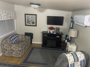 Smart TV, chimenea y libros 