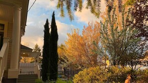 A residential garden with a pathway, various shrubs, and tall trees. - •1898UrbanVictorian Loft view near Convention Ctr. (Portland)