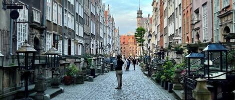 A cobblestone street flanked by historic buildings with ornate facades and a clear sky.