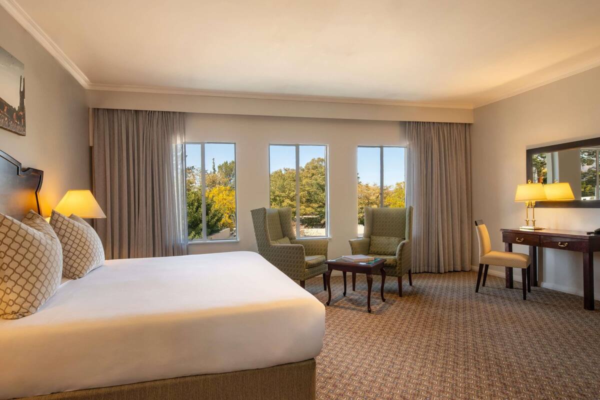 A hotel room with a large bed, two armchairs, a desk, and a view of trees through the windows.