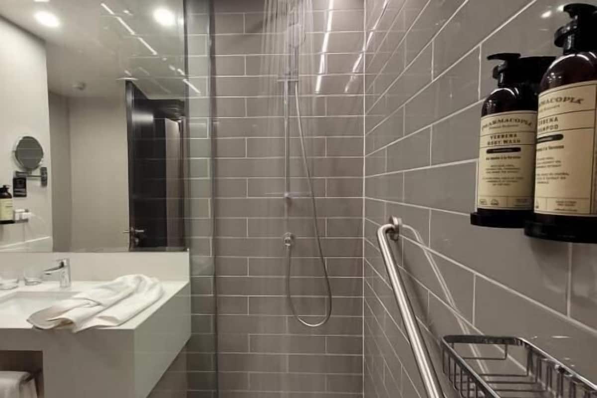 shower, eco-friendly toiletries, hair dryer, towels