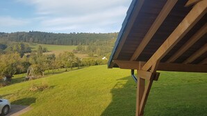 A view from a covered outdoor area with a wooden structure, overlooking a green field and a forested hill. - Vosges mountain chalet (Ban-sur-Meurthe-Clefcy)