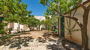 Une cour dallée de pierres, avec des arbres et un bâtiment doté d’une porte verte.