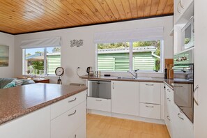 Fridge, microwave, dishwasher, coffee/tea maker