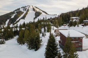 Une montagne enneigée, avec une piste de ski, est entourée d’une forêt dense de conifères. Un bâtiment rouge, dont le toit est recouvert de neige, est visible au premier plan.