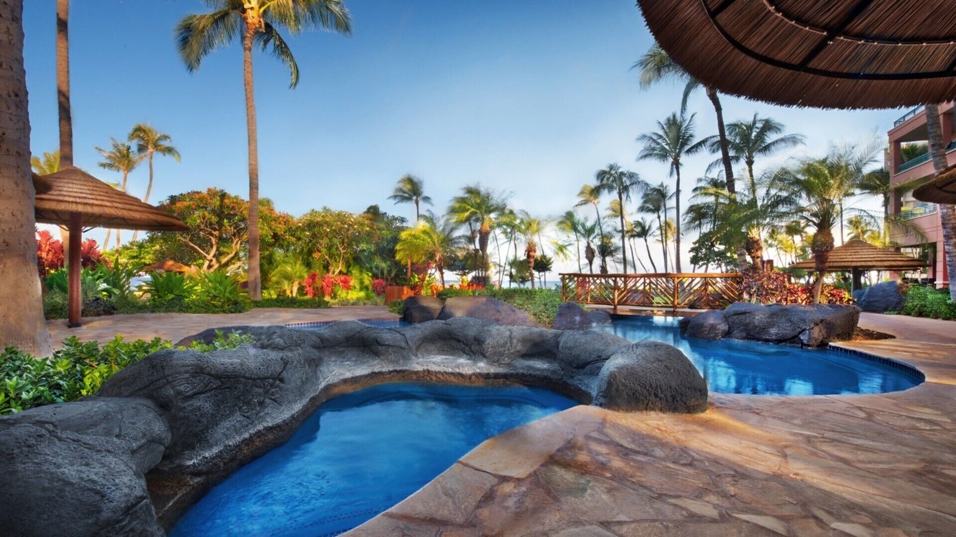 A pool area with a natural rock formation, palm trees, and a thatched-roof structure.