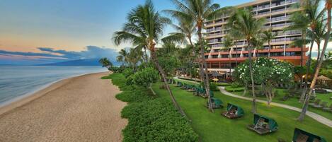 A beachfront hotel with a pool area, palm trees, and a view of the ocean.