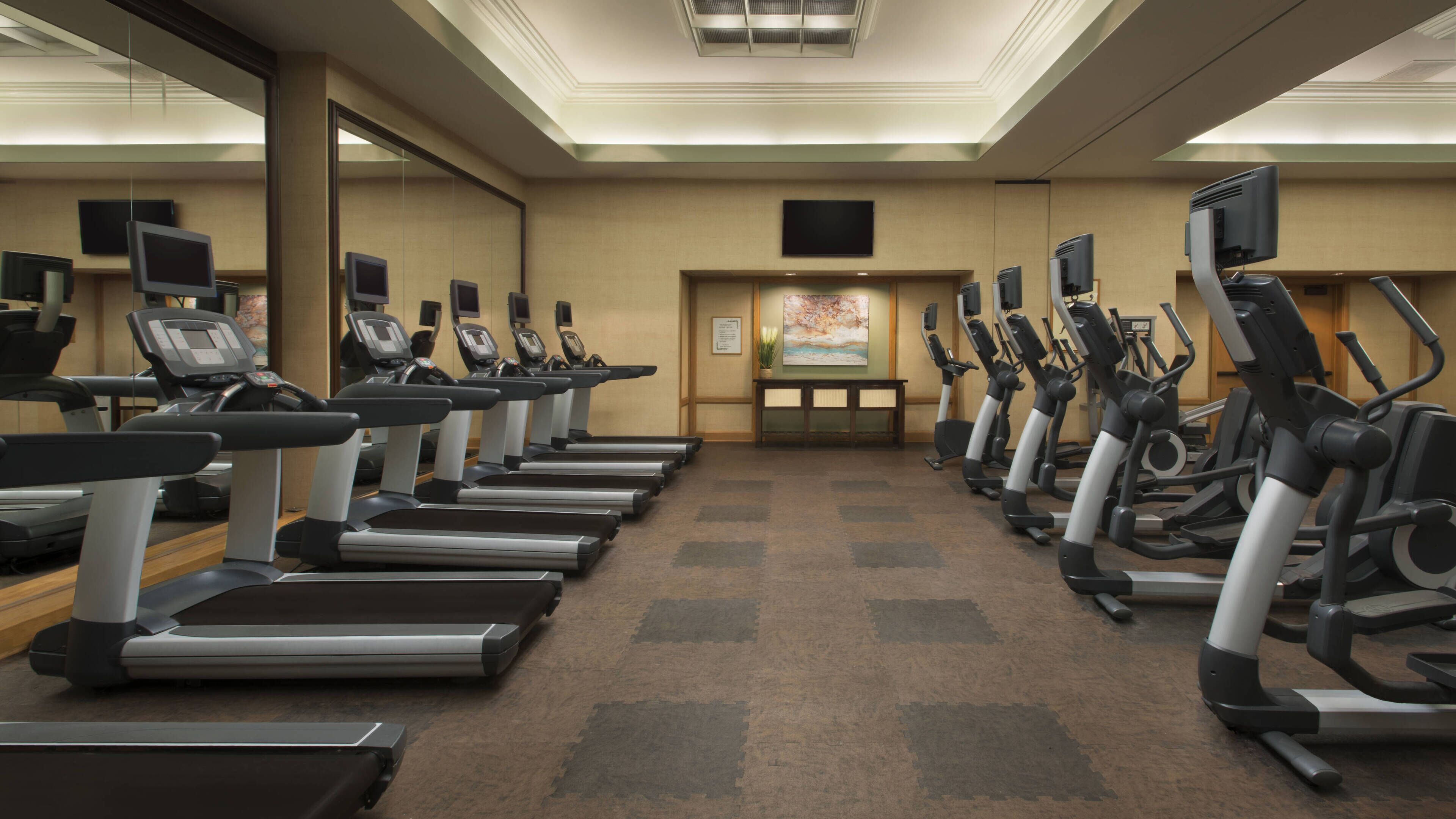 Un gimnasio con varias cintas de correr dispuestas en filas, un espejo grande y un televisor montado en la pared.