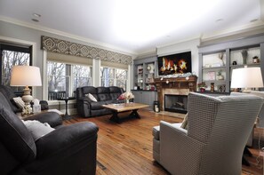 Smart TV, fireplace, video games, DVD player