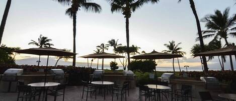 Une terrasse extérieure avec des tables et des chaises rondes, entourée de palmiers et de parasols, donnant sur une étendue d’eau.