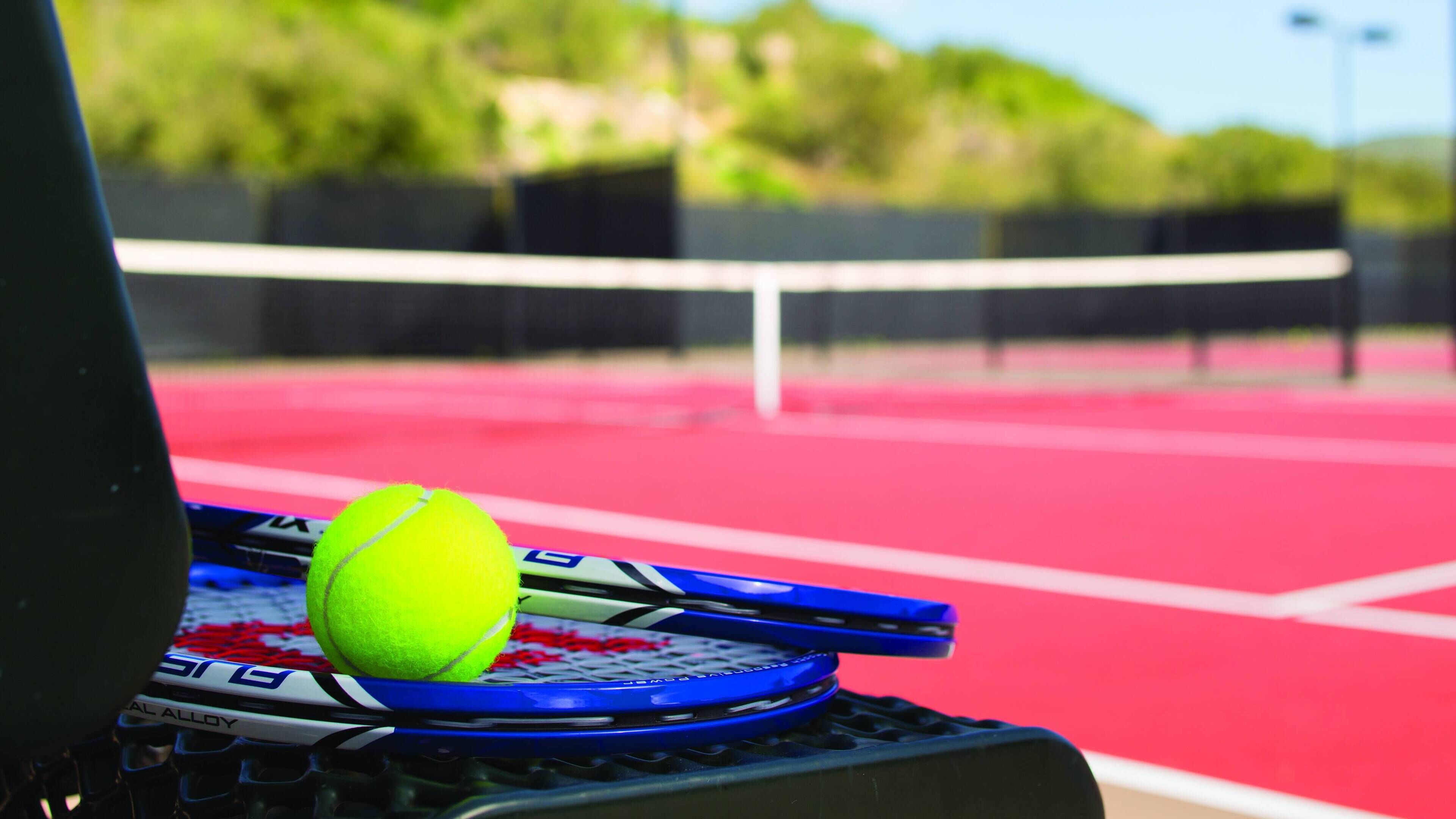 A tennis court with a net, a tennis ball, and a racket.