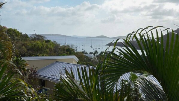 A coastal view with a house, palm trees, and sailboats on the water.