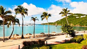 A beachside resort with palm trees, lounge chairs, and a view of the sea.