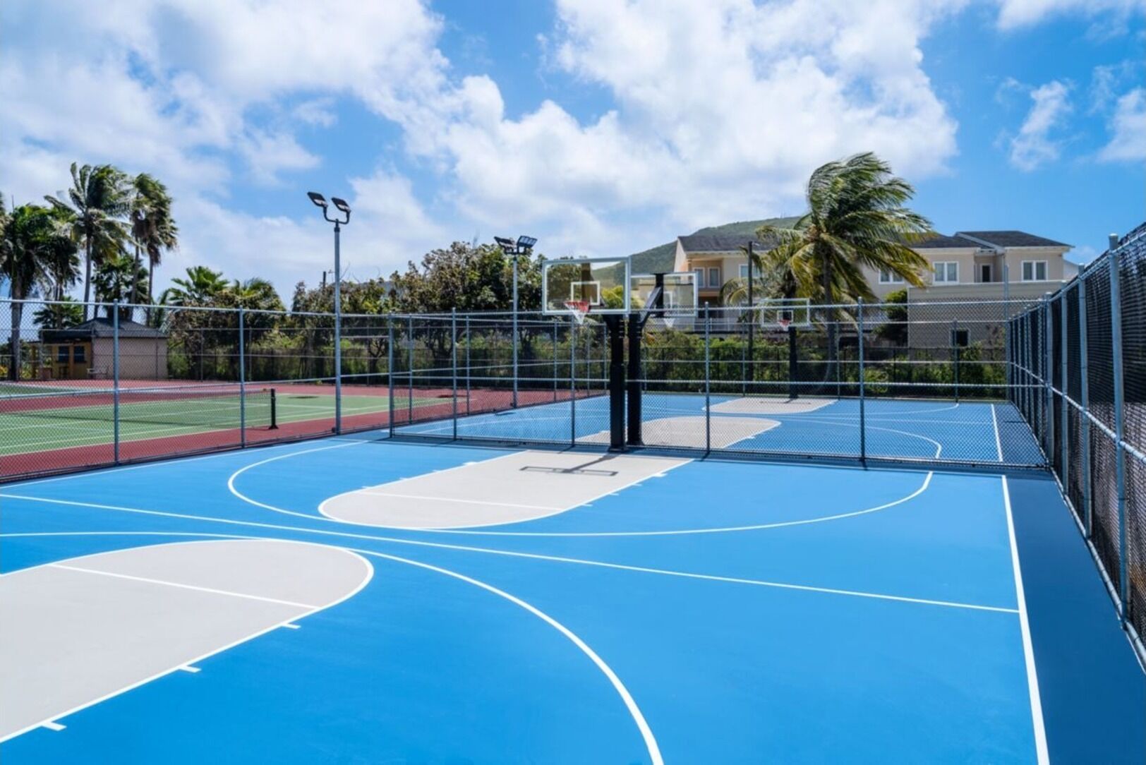 An outdoor basketball court with a blue surface, surrounded by a metal fence, and palm trees in the background.