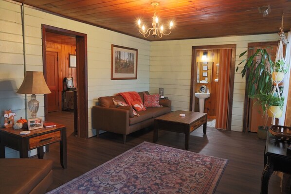 A cozy living room with a sofa, coffee table, and a rug. There is a lamp, a picture frame, and a small table with a lamp. A plant hangs from the ceiling.