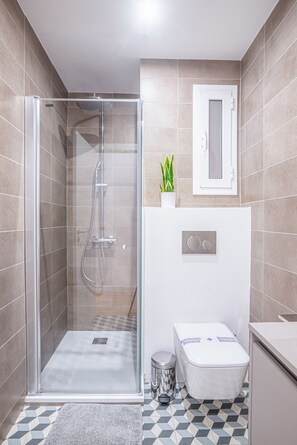 Shower, hair dryer, towels