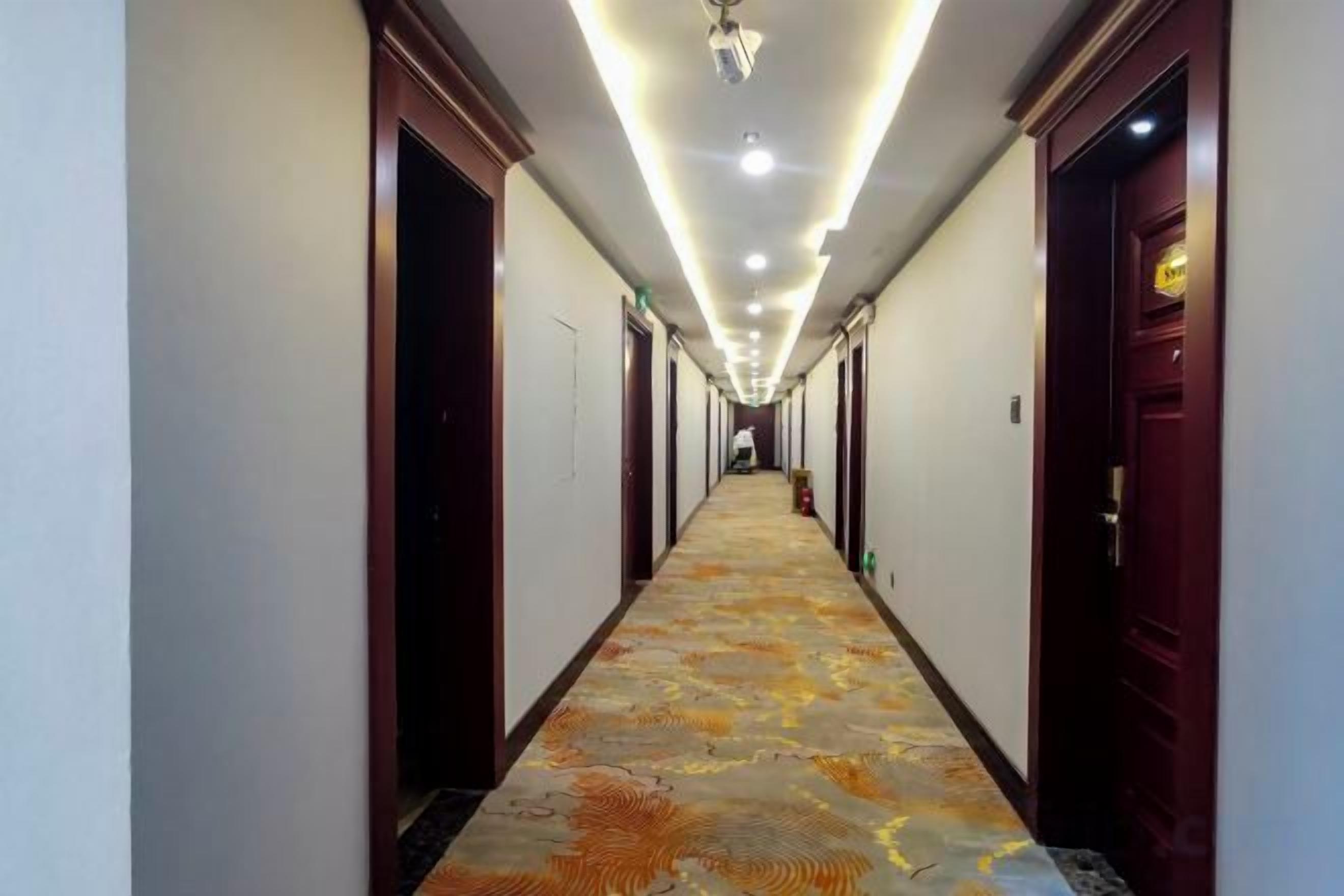 A hotel corridor with doors on both sides, a patterned carpet, and overhead lighting.