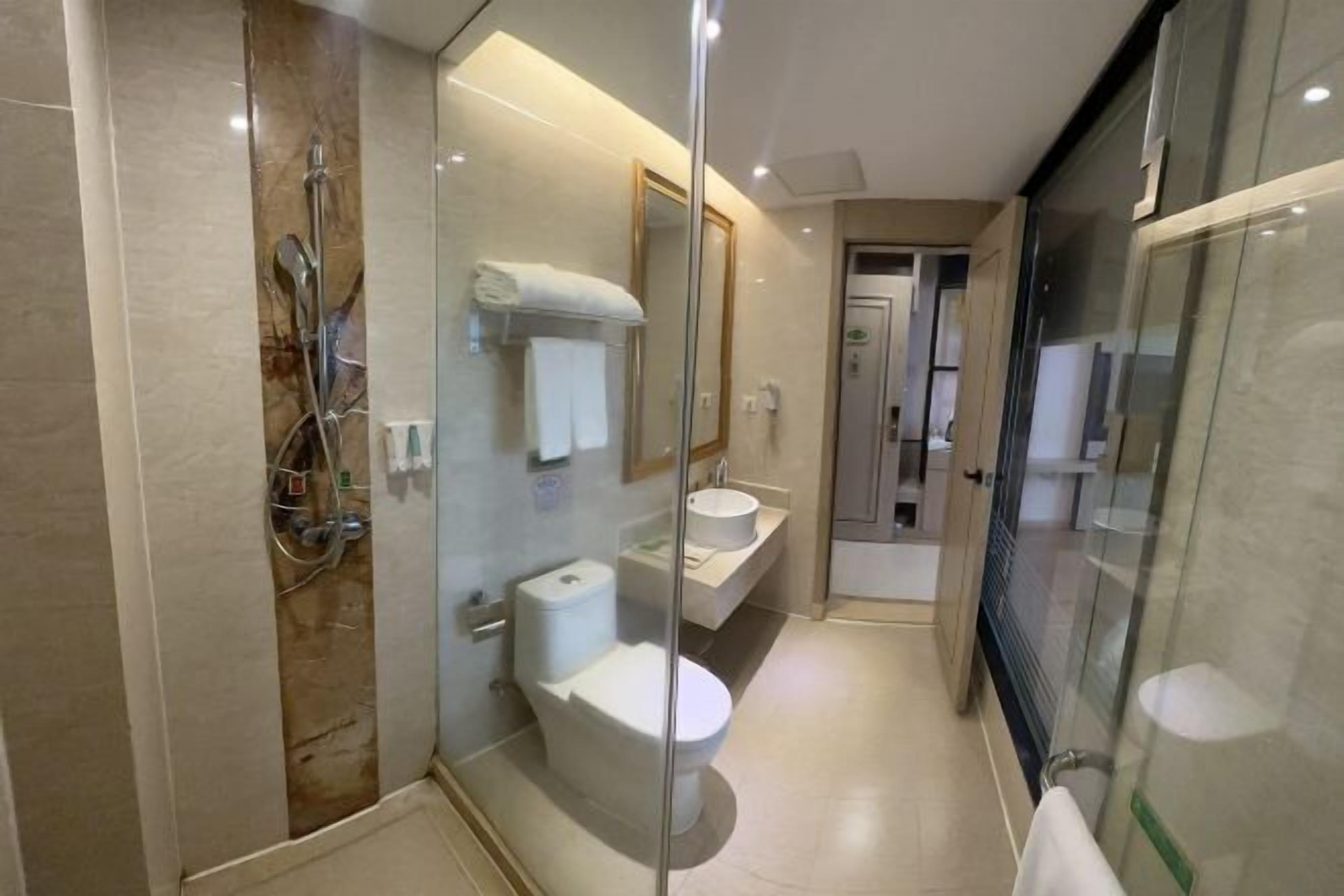 A modern bathroom with a glass-enclosed shower, a toilet, and a sink.