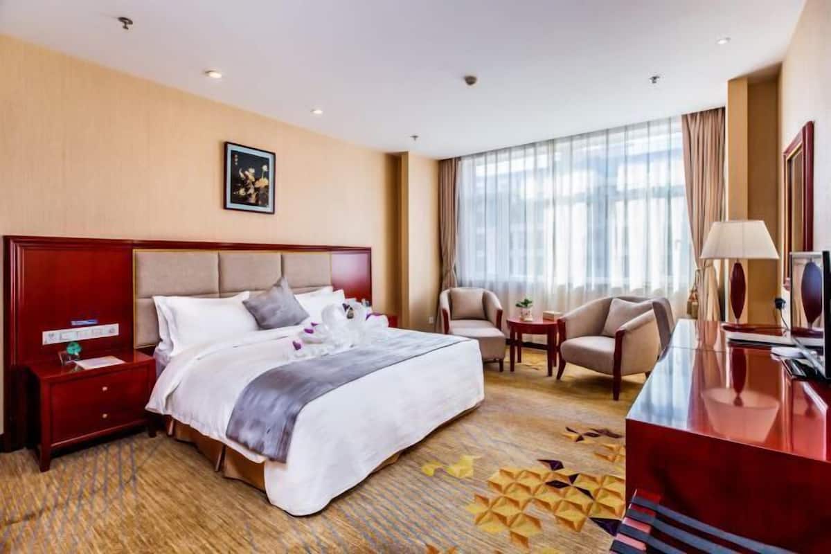A hotel room with a large bed, a desk, a chair, and a TV.