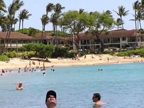 On the beach, sun loungers, beach towels