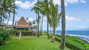 Un resort tropical con un edificio de techo de paja, rodeado de palmeras y vista al océano.