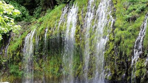Ett vattenfall som störtar ner över mossbeklädda klippor och bildar en klar vattenpöl.