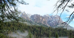 A mountainous landscape with dense forest and rocky cliffs.