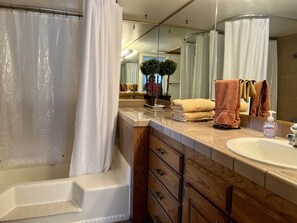Combined shower/tub, hair dryer, towels, soap - SV Zion Ridge-Relaxation, Comfort and Fun all here at Sports Village Resort!   (St. George)