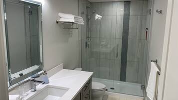 Regadera, secadora de cabello, toallas, jabón