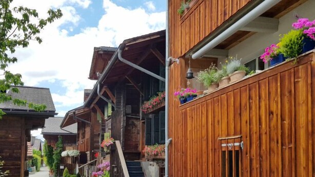 A wooden building with a staircase leading to a balcony, surrounded by potted plants and flowers.