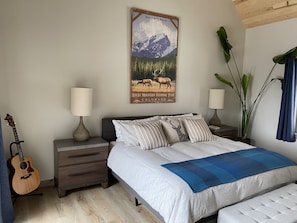 Une chambre à coucher avec un lit, deux tables de chevet, une guitare, une affiche et une plante.