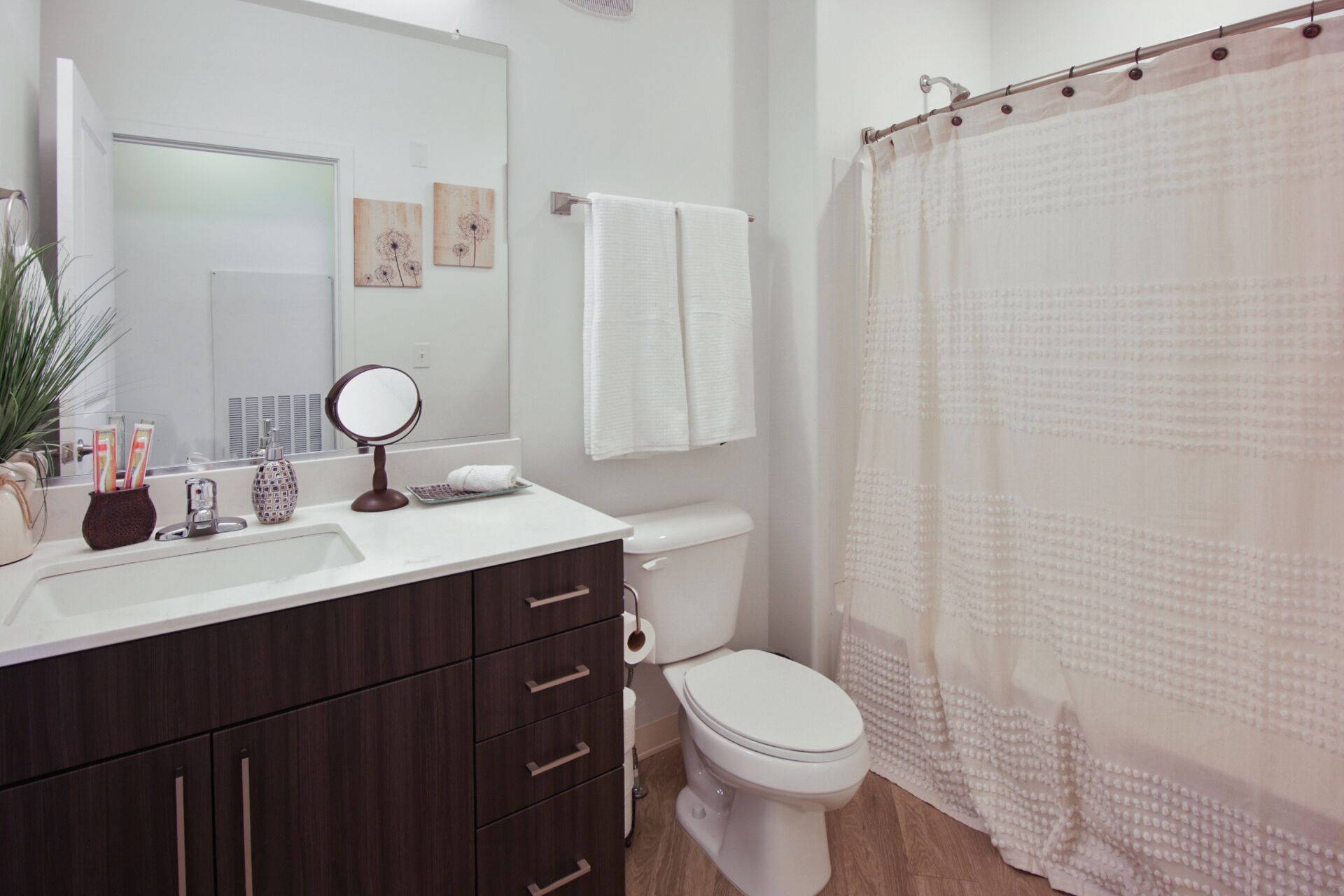 Combined shower/tub, hair dryer, towels, soap