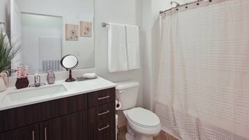 Combined shower/tub, hair dryer, towels, soap