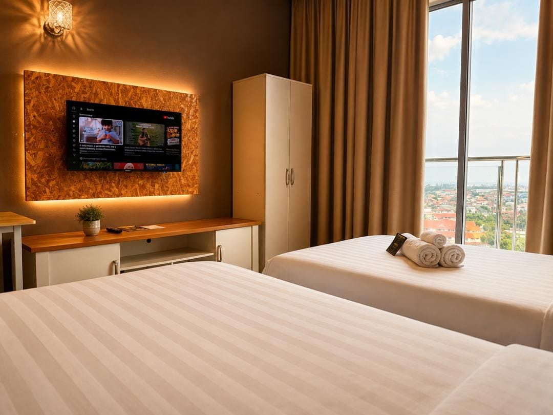 A hotel room with a TV mounted on a wooden wall, a bed with rolled towels, a wardrobe, and a view of the city through large windows.