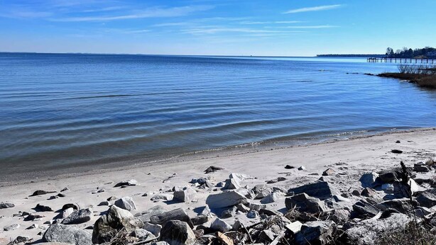 A beach with a rocky shoreline and a pier extending into the water. - LUXE Private Waterfront Retreat with Pool, Hot Tub and Game Room for Family Fun (Tracys Landing)
