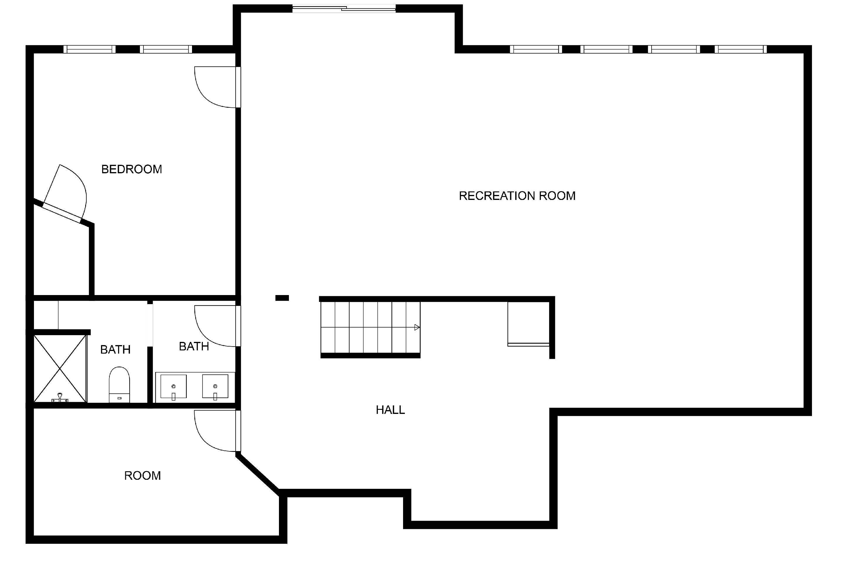 A floor plan with a bedroom, recreation room, two bathrooms, a hall, and a room.