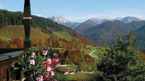 Une vue pittoresque d’une vallée de montagne, avec une route, des maisons et une structure en bois agrémentée d’un arrangement floral.