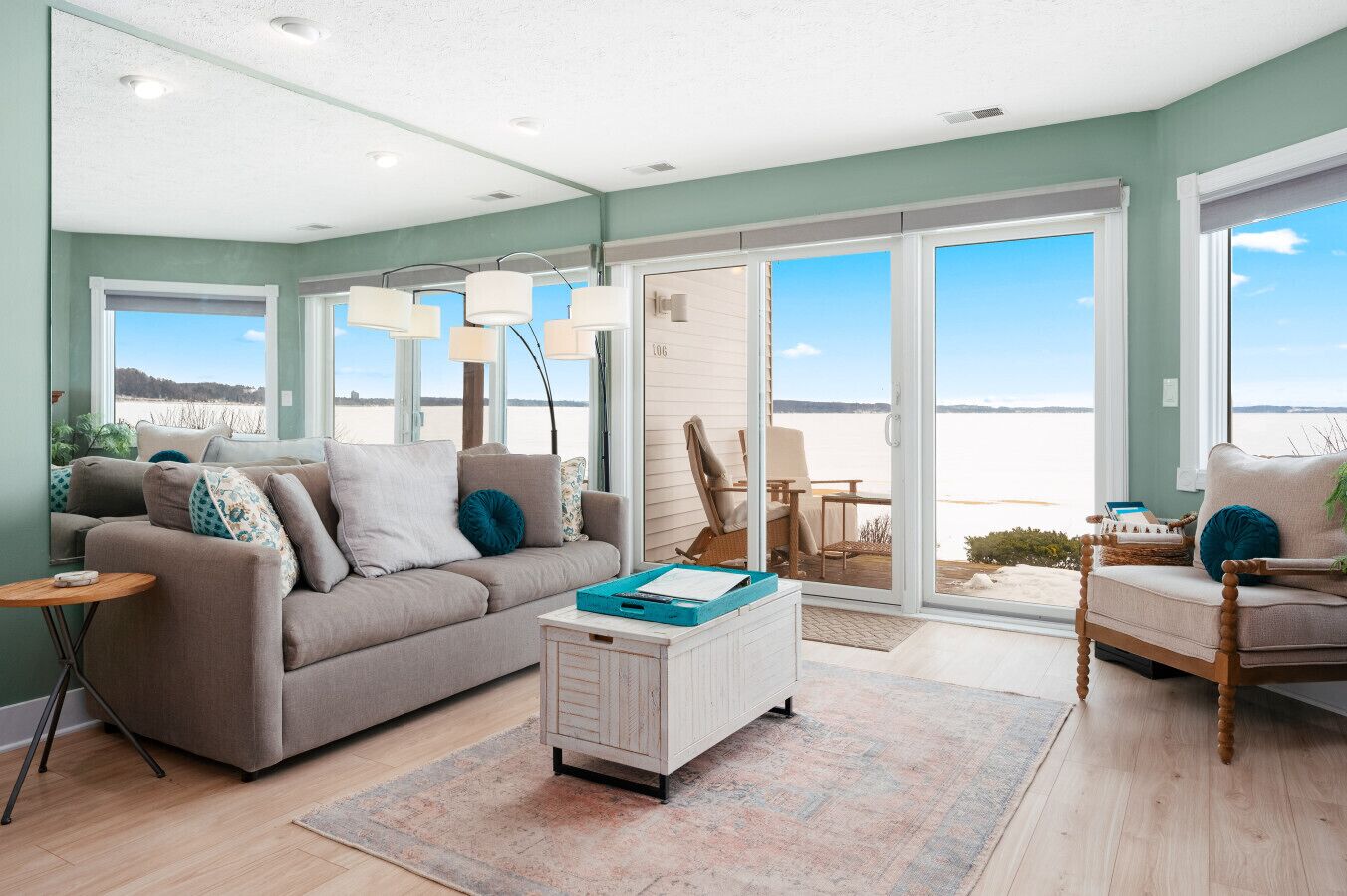 TV, fireplace, books