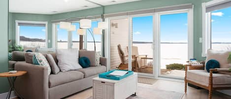 TV, fireplace, books