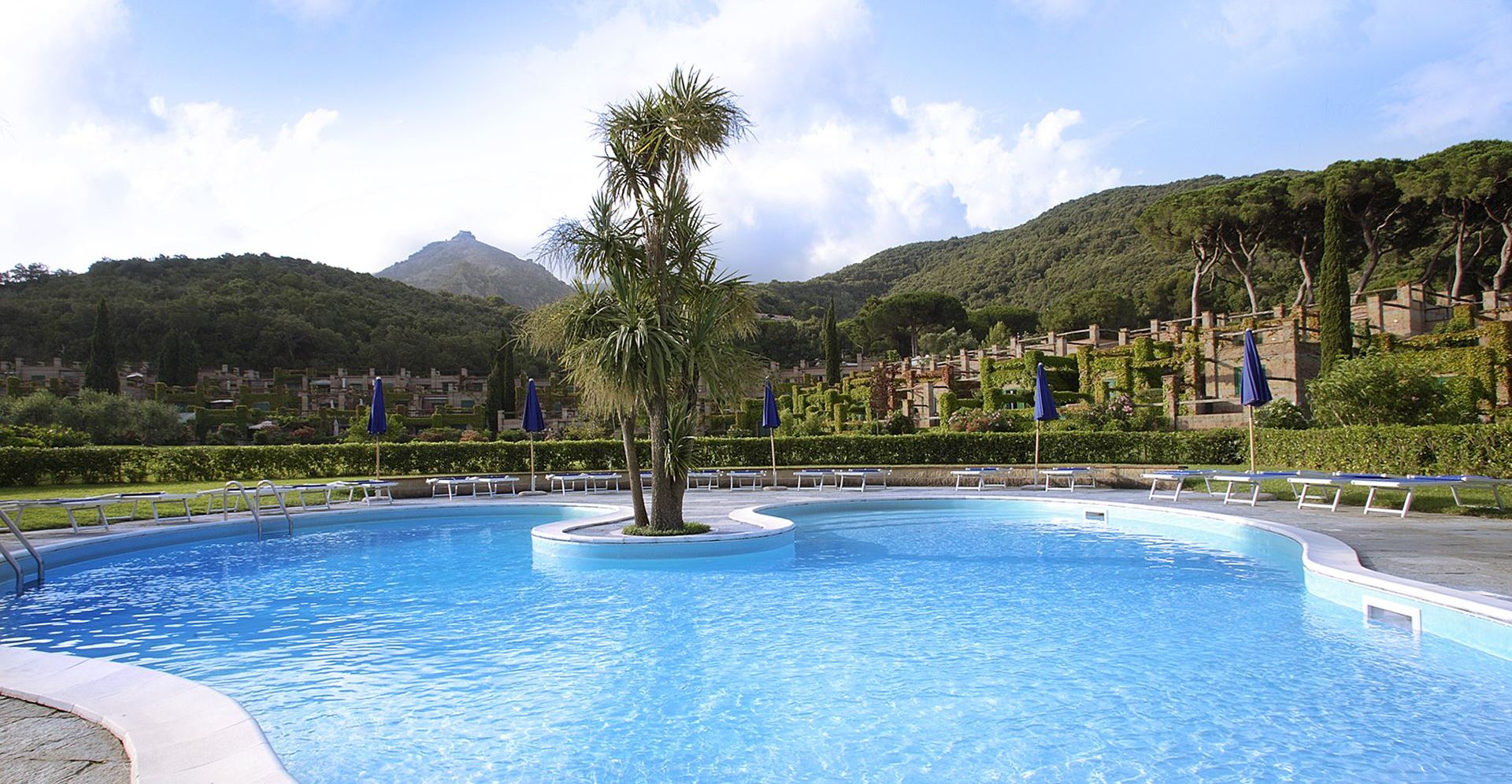 A swimming pool with a palm tree in the center, surrounded by lounge chairs and umbrellas, with a mountainous backdrop.