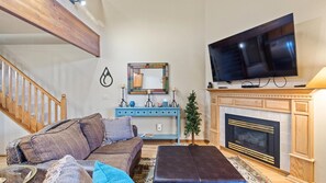 Smart TV, fireplace, books
