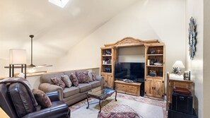 Smart TV, fireplace, books