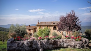Une maison en pierre avec un toit de tuiles, entourée de verdure et de fleurs, se dressant sur un fond de montagnes.