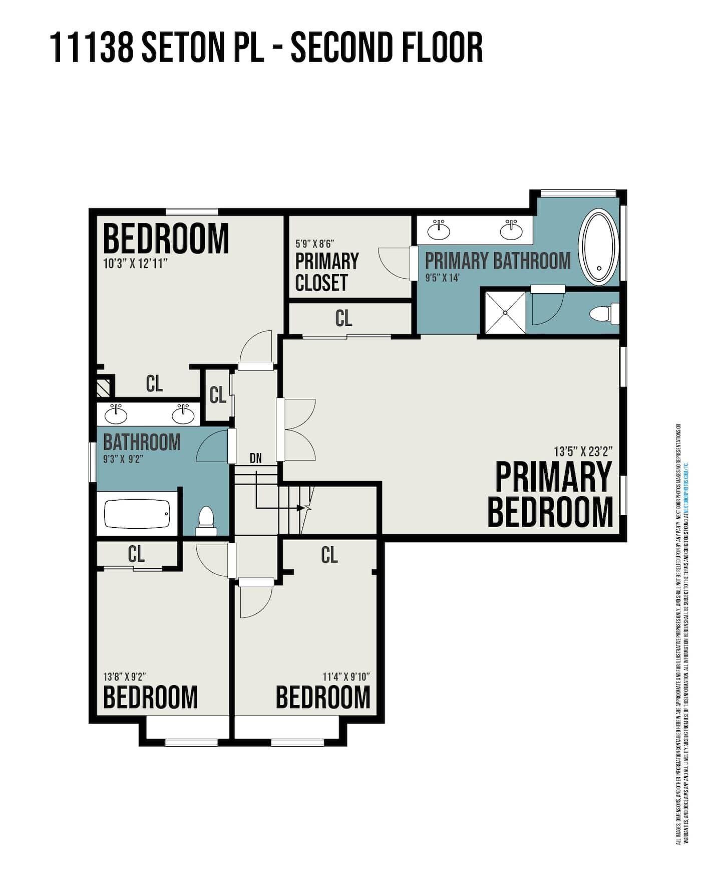 A floor plan of 11138 Seton Pl, second floor, including two bedrooms, a bathroom, a primary closet, and a primary bathroom.