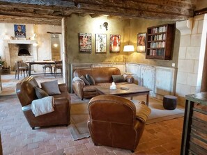 TV, caminetto, lettore DVD, libri