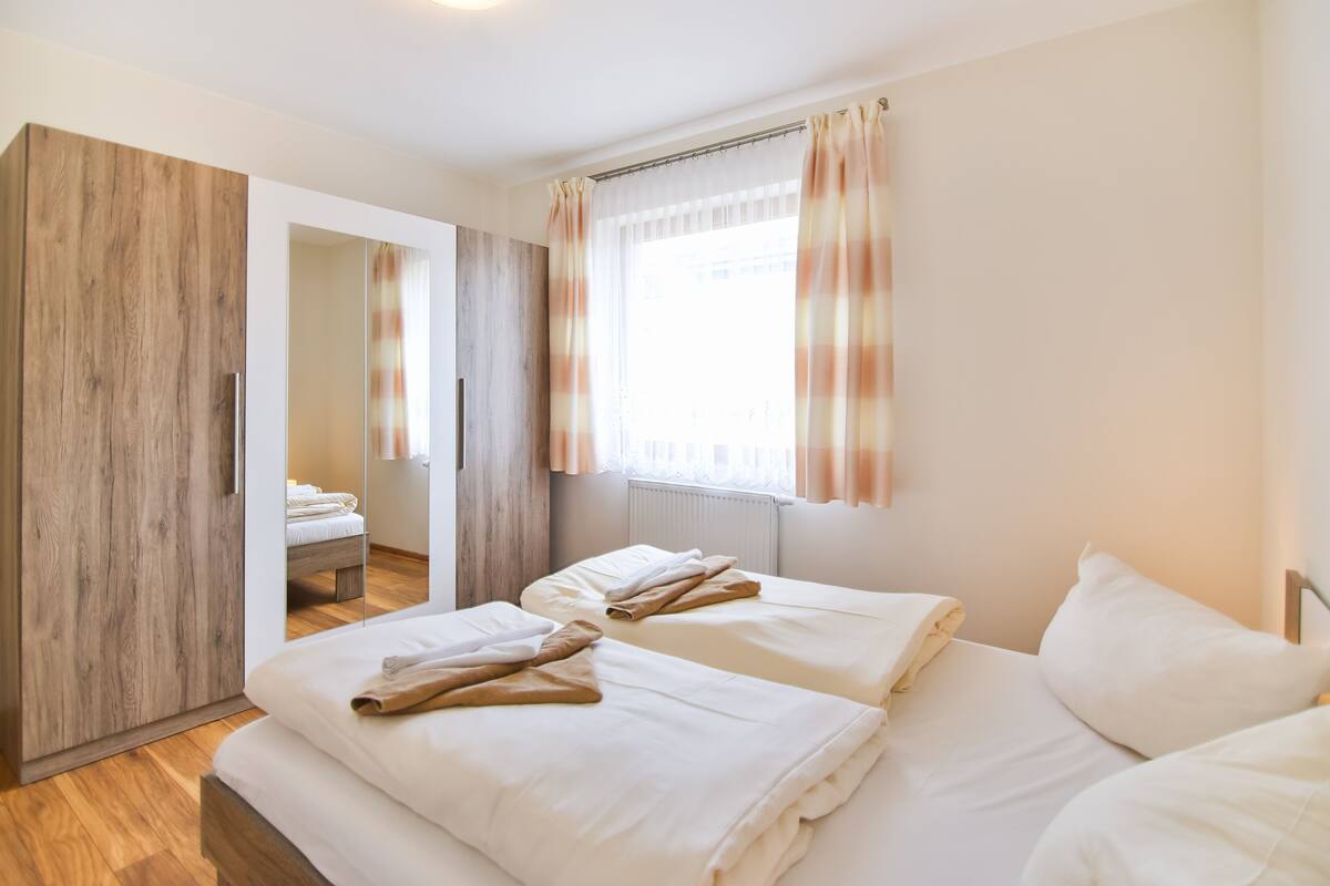 A bedroom with two beds, a wardrobe, and a bathroom visible through a mirror.