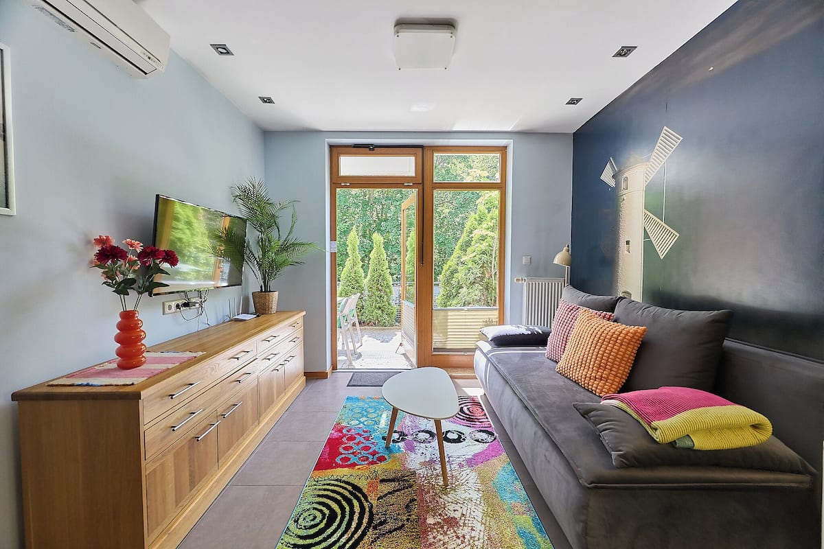 A modern living room with a sofa, TV, wooden cabinet, and a colorful rug.