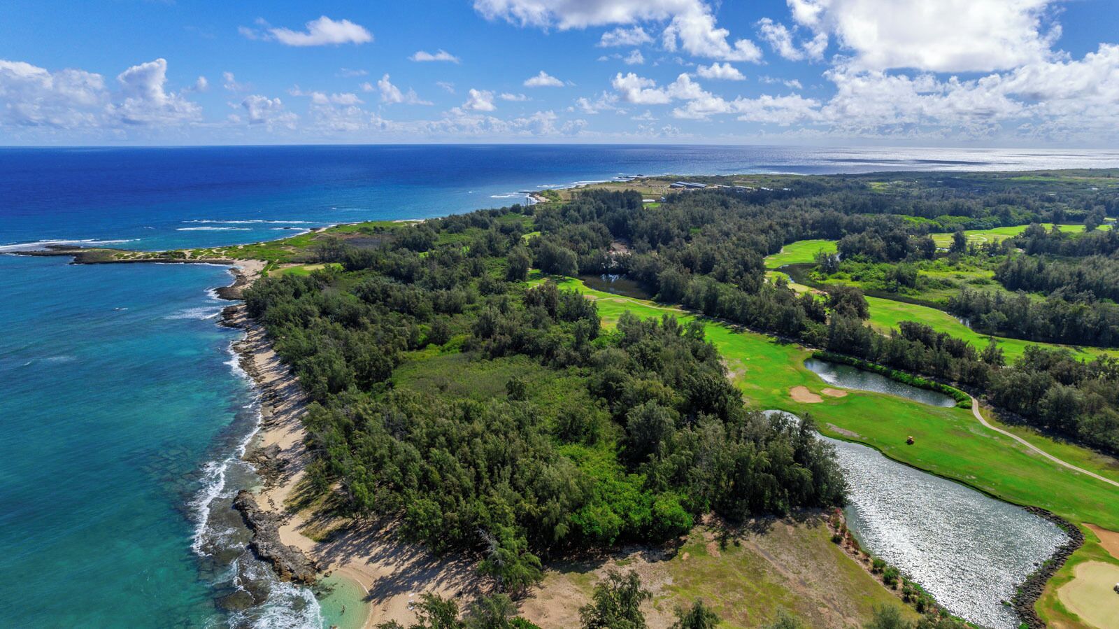 Eine Vogelperspektive eines Küsten-Golfplatzes mit einem großen Gewässer, dichtem Grün und blauem Himmel.